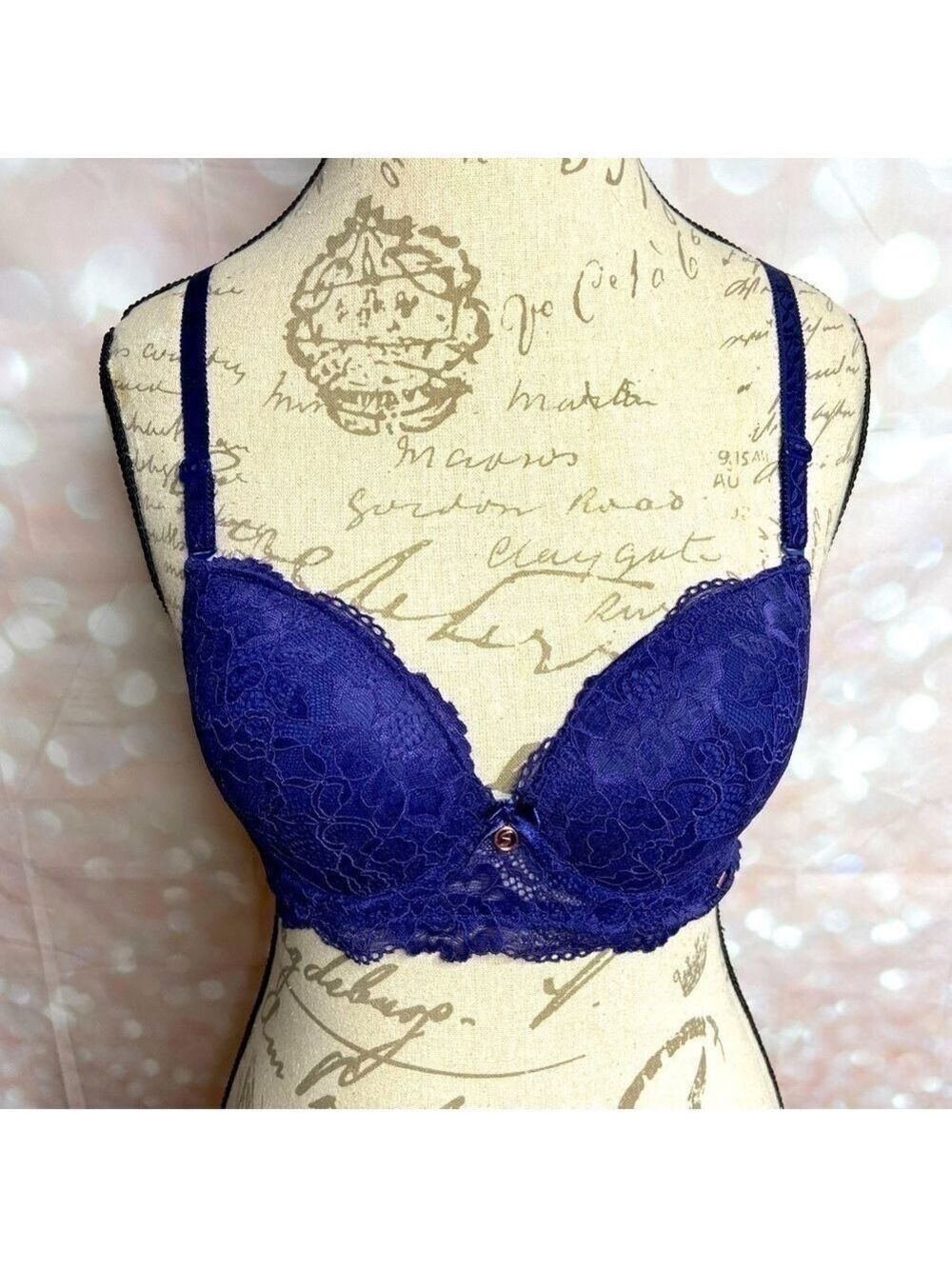 NWT Shekini Push Up Lace Underwire Balconette Bra Blue 36B